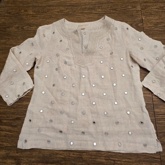 MICHAEL KORS 100% Linen Long Sleeves Embellished Tunic - Beige/Cream - Size SML - Picture 1 of 15